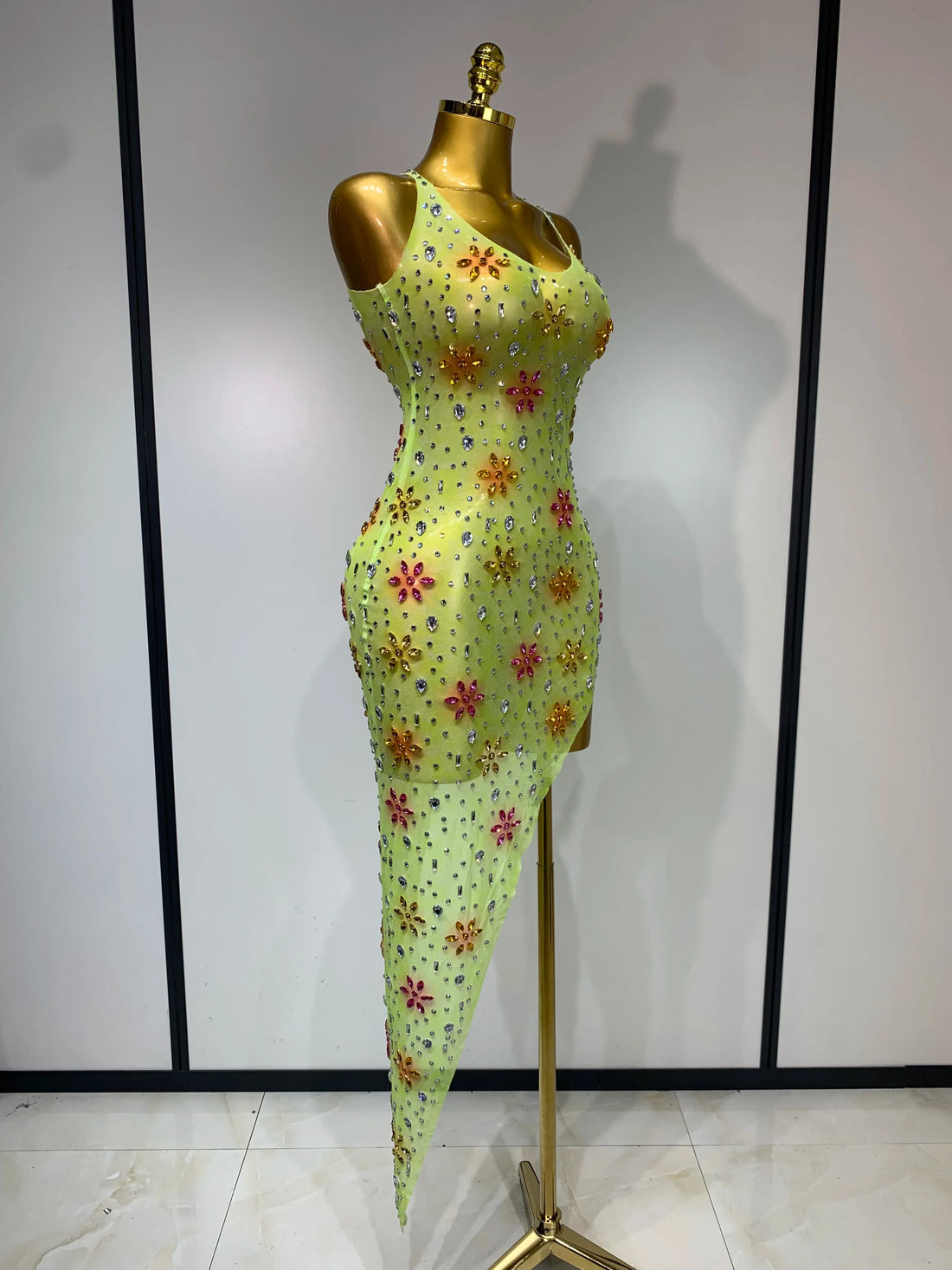 Women Sexy Mesh See Through Stretch Sparkly Rhinestone Performance Costume Stage Dancer Nightclub Party Luxury Birthday Dress