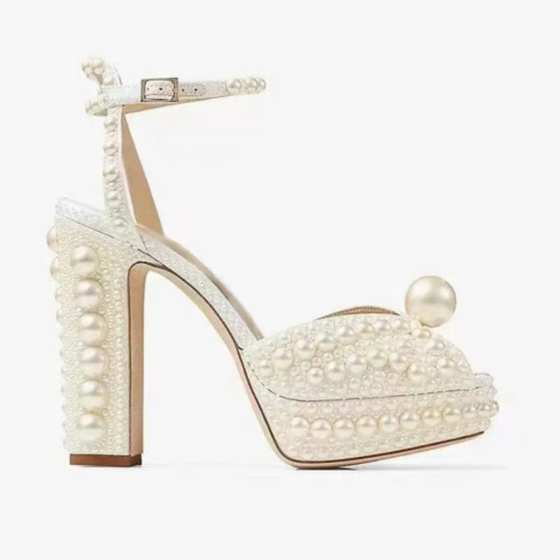 Handmade Beaded Thick Heel Fish Mouth Sandals 35-41 High Heel Waterproof Platform Women's Shoes Luxury Pearl