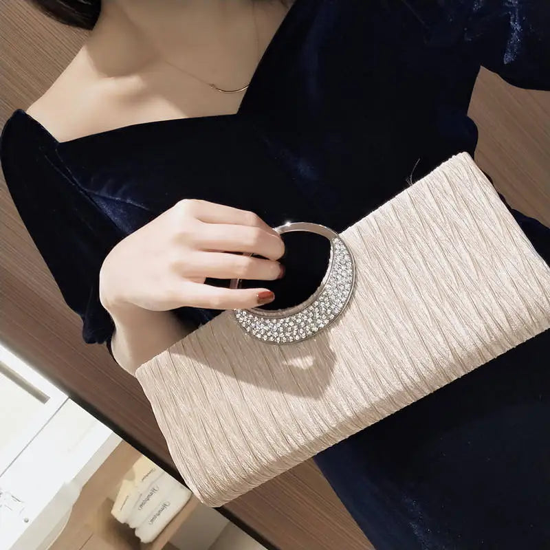 Crystal Handle Evening Dress Bag Wedding Party Storage Bag New pleated Evening bag Women's one-shoulder clutch bag