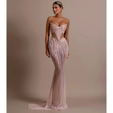2025 New Shining Sequin Sexy Mesh See Through Strapless Ankle Length Dress Woman Evening Party Dress Celebrity Party Vestido