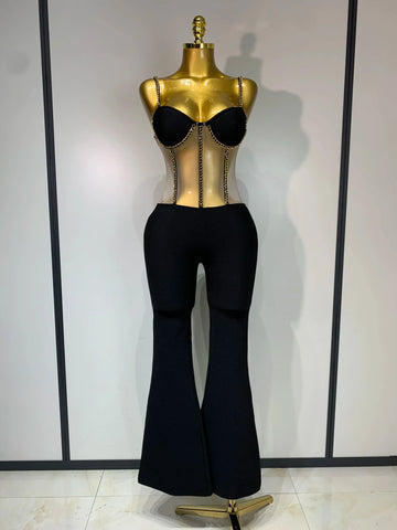 Women Luxury Sexy Sleeveless Mesh Chain Black Bodycon Bandage Jumpsuit  Fashion Party Celebrity Designer High Street Rompers