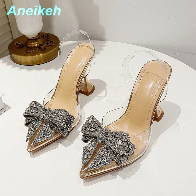 Aneikeh 2023 Sommer Damenmode Schuh Sexy High Heel Ankle Slingbacks Schnalle Spitzschuh Schmetterlingsknoten Dekoration Pumps 