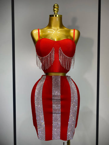 Women Sexy Sling Backless Tassels Bandage Skirt Two Piece Set 2025 Knitted Celebrity Elegant Evening Luxury Birthday Dresses