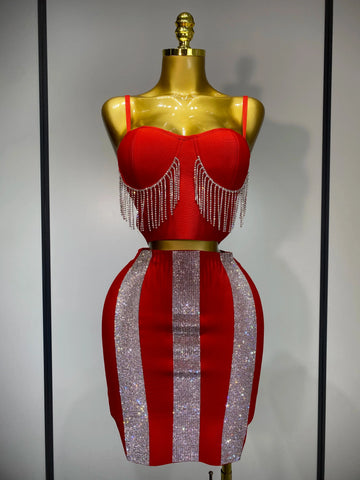 Women Sexy Sling Backless Tassels Bandage Skirt Two Piece Set  Knitted Celebrity Elegant Evening Luxury Birthday Dresses