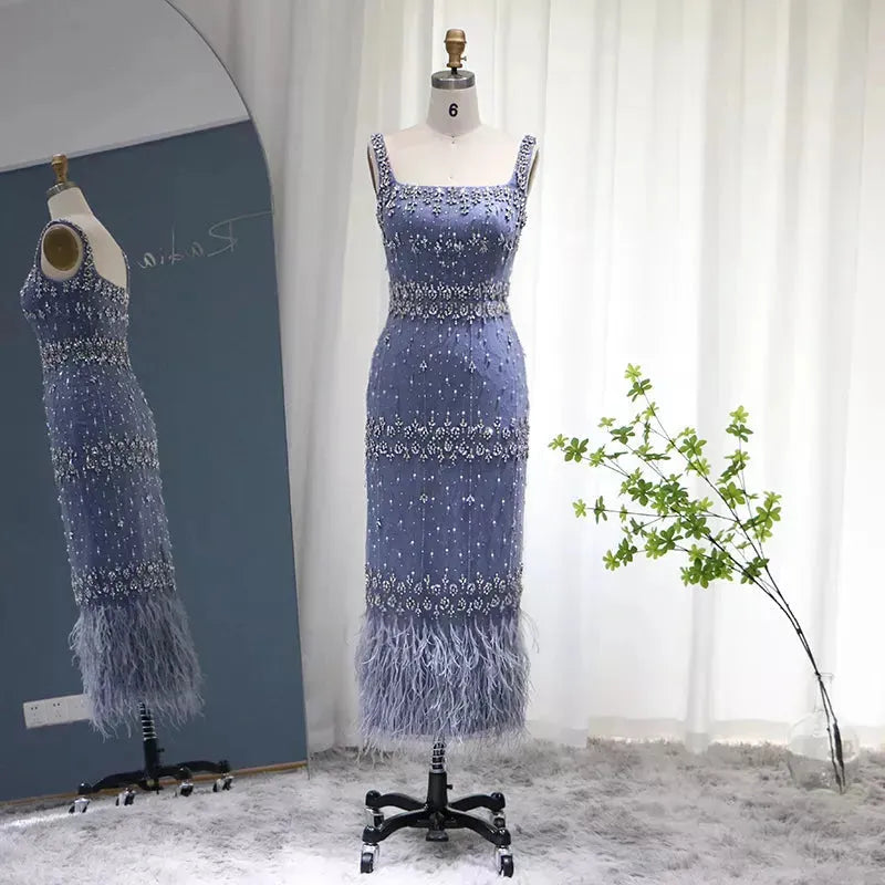 Luxury Crystal Feathers Dubai Evening Dresses for Women Wedding Elegant Blue Lace Midi Arabic Formal Party Gown Blue Evening Dress