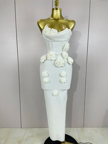 Sexy Fashion White Elegant Strapless Flower Bodycon Long Dress Women Casual Streetwear Club Birthday Party Slim Elegangt Dresses