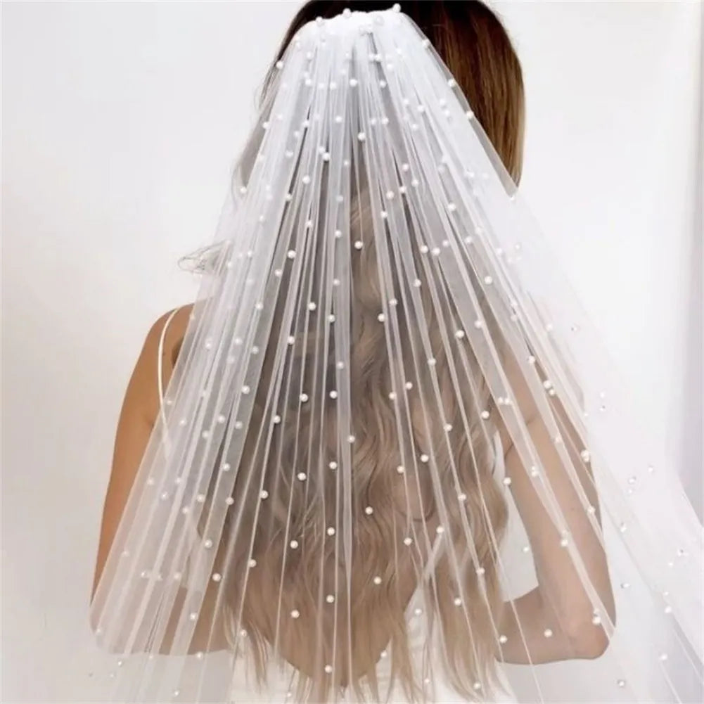 Pearls Bridal Veil Soft 1 Tier Beaded Wedding Veil for Bride Cathedral Length with Comb Wedding Accessories