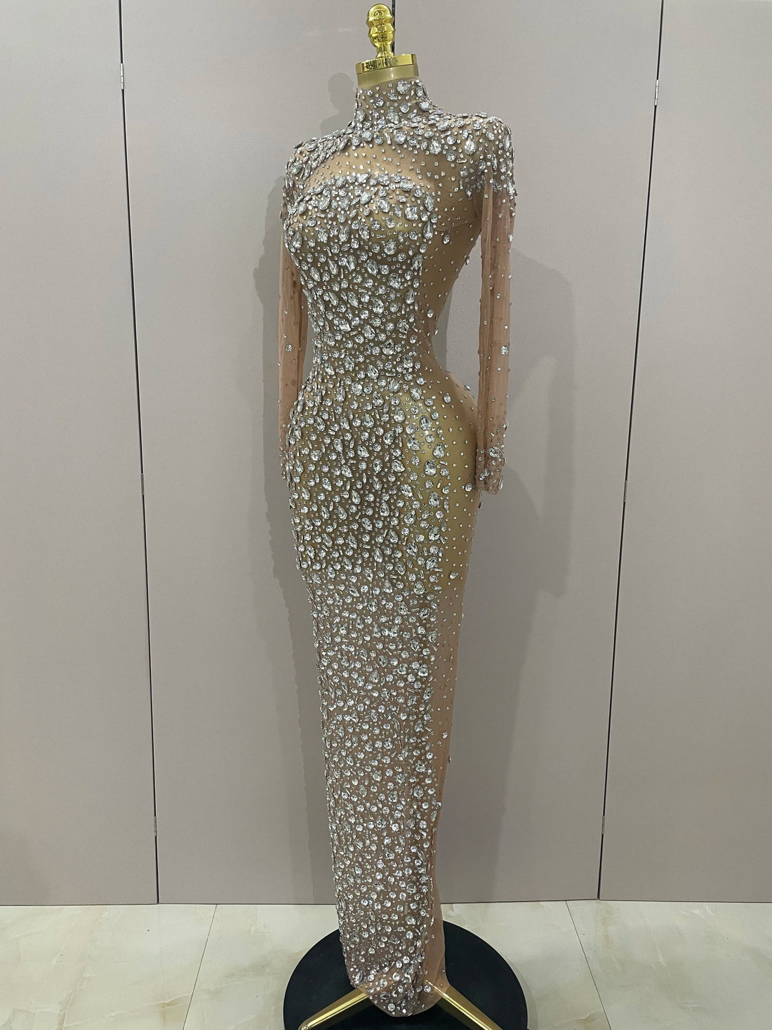 Sparkly Silver Big Rhinestone Sexy Transparent Long Dress  Women Evening Birthday Party Celebrate Club Dancer Stage Costume