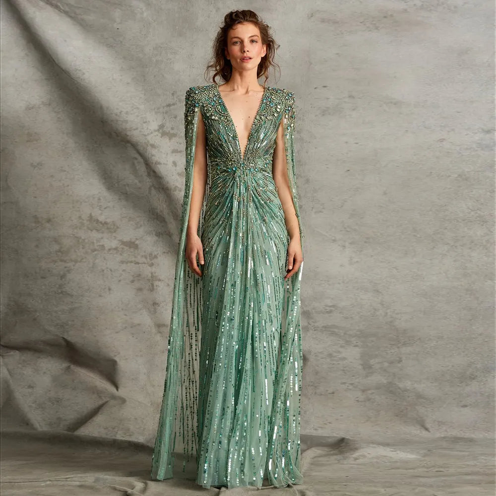 Robes de soirée de luxe vert sauge de dubaï avec Cape Fuchsia cristal or femmes élégantes robe de soirée de mariage formelle 