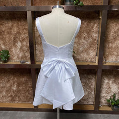 Short Mini Satin Wedding Dress Square Collar Removable Bow Robe De Mariee Spaghetti Straps Backless A-line Bride Party