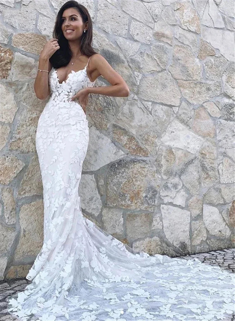 Boho Lace Appliques Wedding Dress Mermaid Bridal Dresses Spaghetti Straps Backless Beach Bridal Gowns Vestido De Noiva