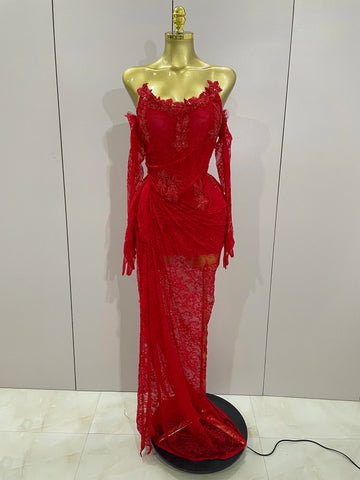 Women Sexy Strapless Backless Red Lace Split Maxi Long Bodycon Dress  Celebrity Elegant Evening Club Birthday Party Outfit