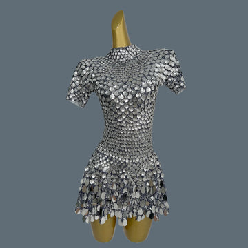 Sexy Nightclub Leotard Shining Lovely Sequins Mini Dress Costume Celebrate Dress Women Bodysuit Birthday Silver Dresses Jinsique
