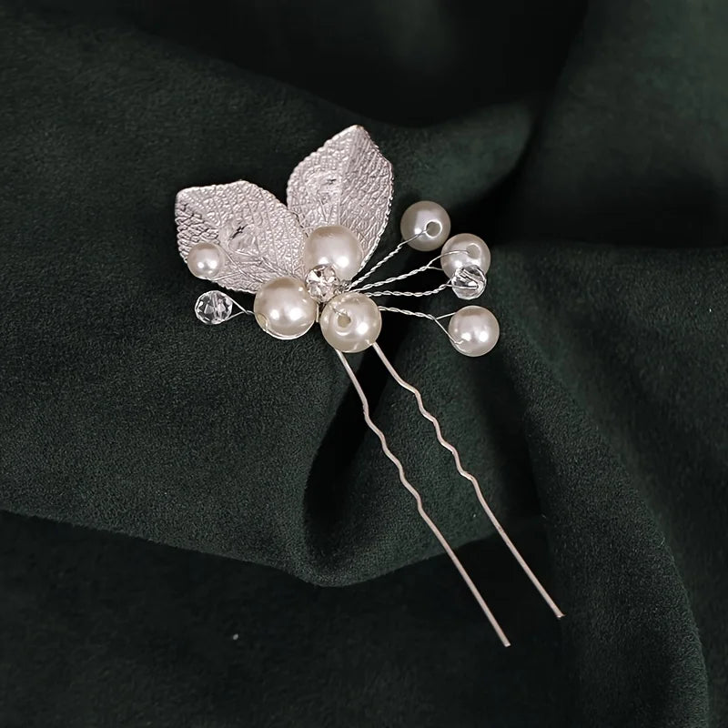 Crystal Pearl Leaf Hairpin Hair Pin Band For Women Bride Wedding Bridal Hair Accessories Jewelry Pin Band Gift