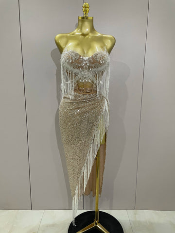 Sexy Luxury Sparkly Sequin Tassel Two Piece Set  Women Evening Party Birthday Singer Performan Costume Nightclub Girl Outfit