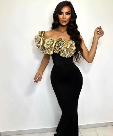 Celebrity Red Carpet Dress Gold Florals Women Sexy Strapless Off the Shoulder Bodycon Bandage Long Dress Nightclub Party Vestido