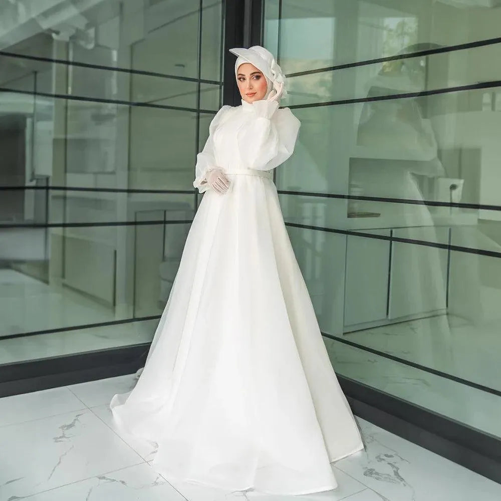 Holy Wedding Dresses for Bride High Neck Long Sleeve A Line Pleats Muslim Garden Beach Bridal Gowns vestidos de novia White