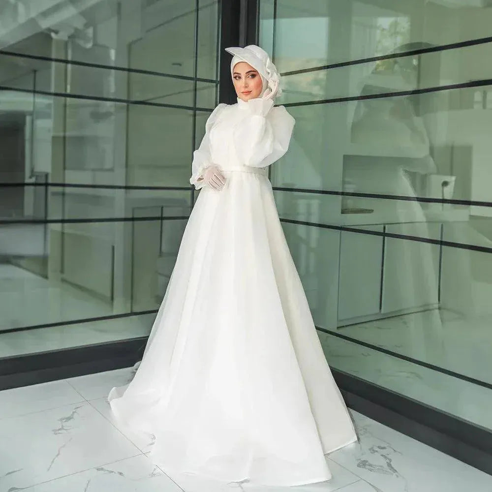 Holy Wedding Dresses for Bride High Neck Long Sleeve A Line Pleats Muslim Garden Beach Bridal Gowns vestidos de novia White