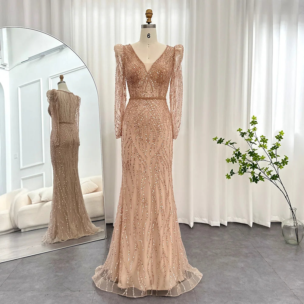 Navy Blue Mermaid Evening Dress for Women Wedding Elegant Emerald Green Long Sleeves Arabic Formal Party Gowns Rose Gold Evening Dress