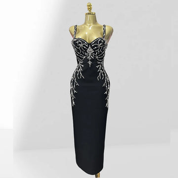2025 Luxury Diamonds Spaghetti Strap Black Bandage Ankle Length Dress  Woman evening Party Dress Celebrity Birthday Party Outfit