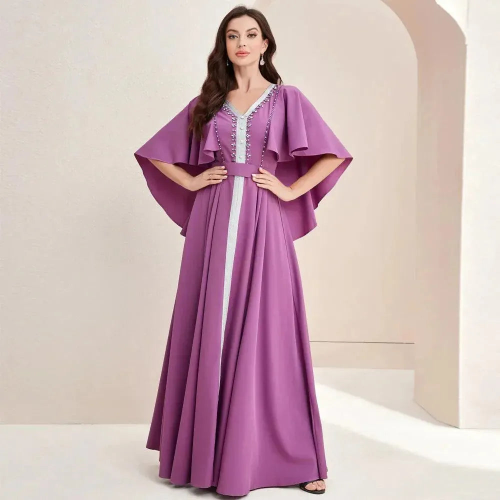 Abaya for Women Ramadan Gurban Purple Long Dress Fashion Autumn New Muscle Beaded Cape High Waist Dress Middle East Abaya