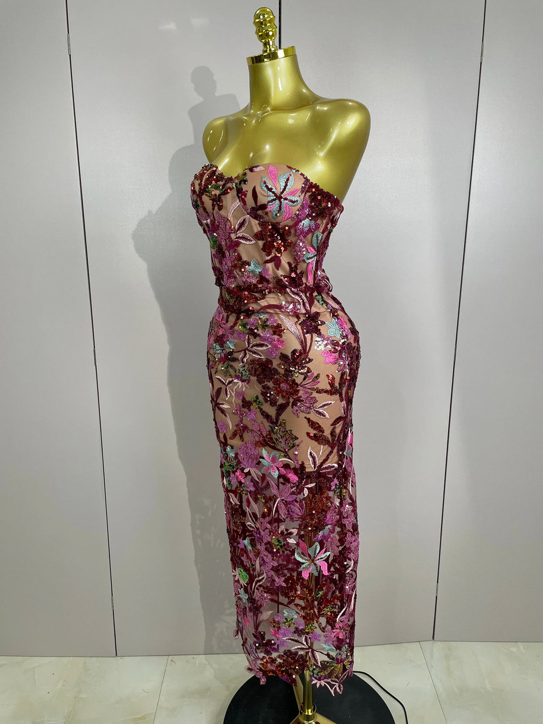 Sexy Strapless Floral Sequin Long Dress  New Women Sequins Flower Backless Long Slim Dress Evening Party Runway Gown Dress