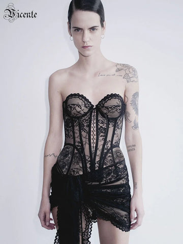 VC Fashion Black Lace Strapless Corset Mini Dress with Asymmetrical Skirt for Fashion-Forward Events Evening Gown