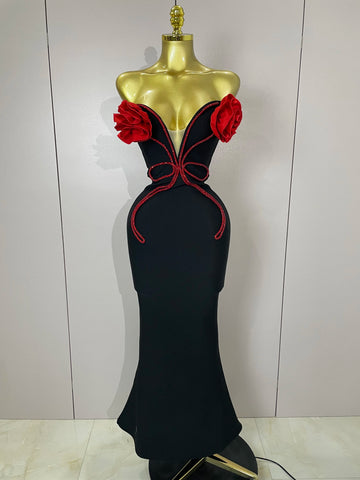 2025 black Off Shoulder Red Flower Bandage Long Dress Women Elegant Fshion Celebrity Party Dress