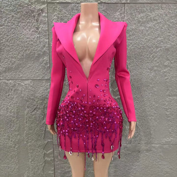 Women Long Sleeve Sexy Deep V-Neck Bodycon Blazer Dress Shinning Sequins Celebrate Nightclub Bar Singer Stage Wear