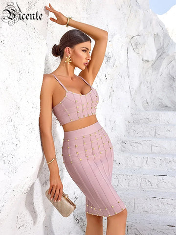 VC Chic Pink Studded Crop Top and Skirt Set for a Trendy Rooftop Party Evening Gown Dress