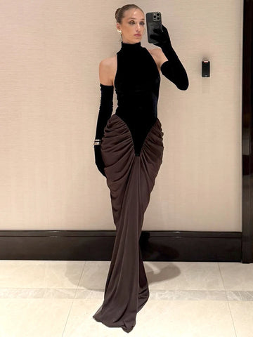 Abito da sera VC Glamorous nero e marrone con scollo all'americana in velluto e chiffon, combinazione per gala di lusso