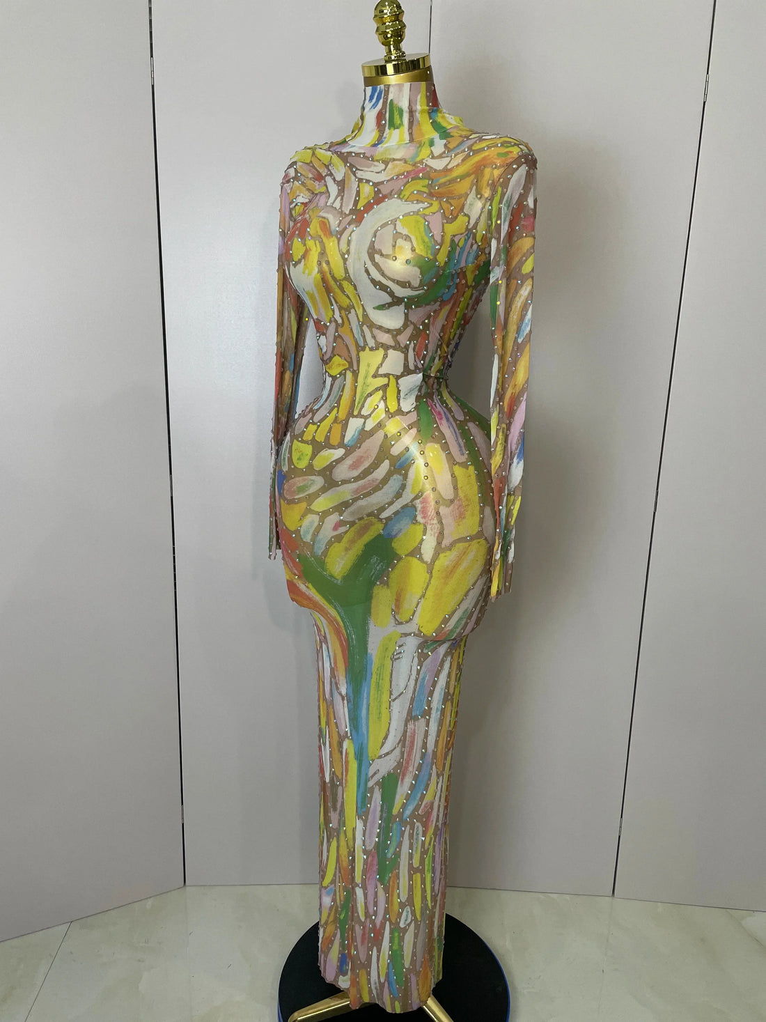 Sparkle Rhinestone High Neck Colorful Printed Long Dress Women Sexy Evening Birthday Celebrate Stage Performance Costume