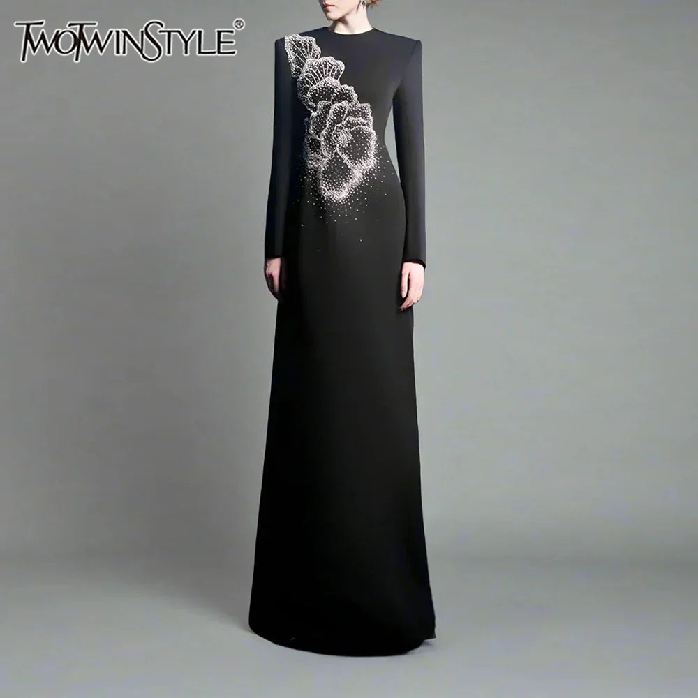 Solid Spliced Stick Drill Elegant Dresses for Women Round Neck Long Sleeves Temperamnet Dress Female Fashion New