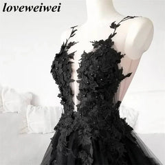 Gothic Black Prom Dresses Sexy Backless High Side Split A-line Evening Dress Appliques Lace Formal Party Gowns Robe De Soirée