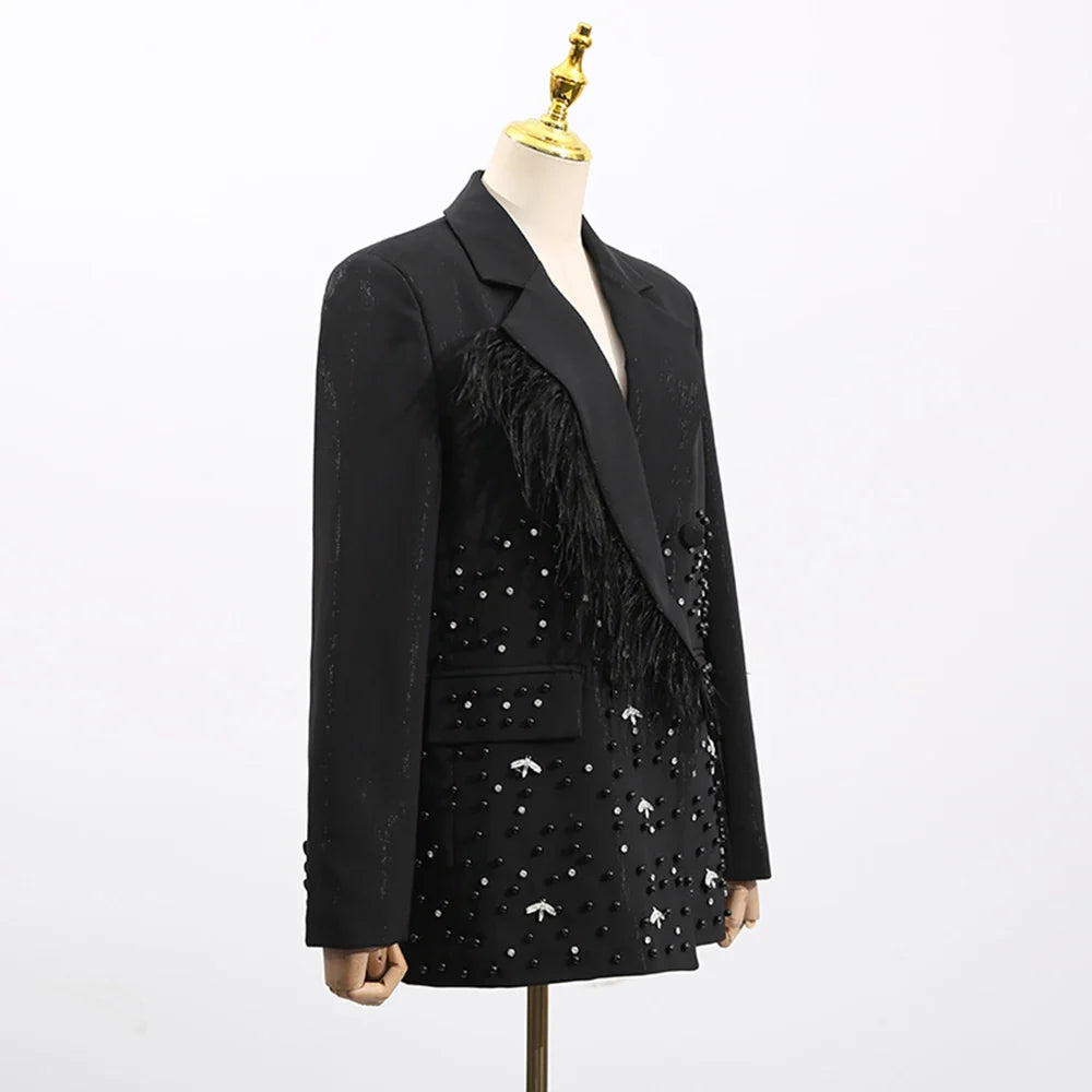 Solid Spliced Bead Luxurious Jackets for Women Lapel Long Sleeves Patchwork Single Breasted Jacket Female Clothing