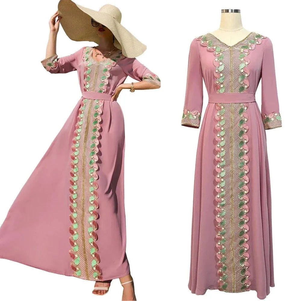 Elegant Caftan Women Lace Embroidery Muslim Abaya Maxi Dress Dubai Turkey Arabic Kaftan Islam Moroccan Party Evening Gown Kaftan