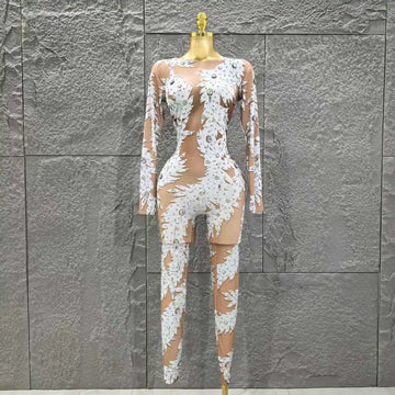 Wholesale Women Sexy Long Sleeve Shinning Rhinestones Bodycon Jumpsuit Celebrate Nightclub Party Performance Costume Stage Wear