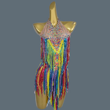 Colorful Tassel Sleeveless Bodysuit Streamer Theme Party Wear Hot Women Cheerleader Rhinestone Sequins Spandex Bodysuit Xinwucai