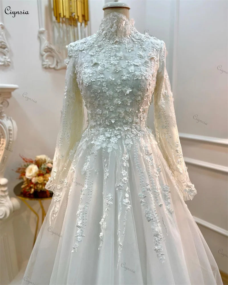 High Neck A Line Princess Wedding Dresses For Women Bride Full Sleeves Lace 3D Flowers Elegant Bridal Party Gown