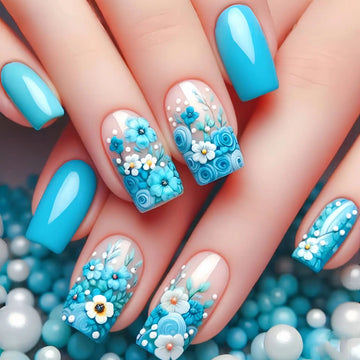24Pcs Spring Short Square Head Fake Nail Tips Full Cover Blue Fresh Flower Pattern French Nail Wearable Press on Nails with Glue