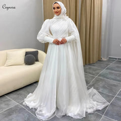 Vestido de novia musulmán con hijab de corte A para novia, color blanco roto, Abaya, vestido de novia, manga larga, vestido de boda