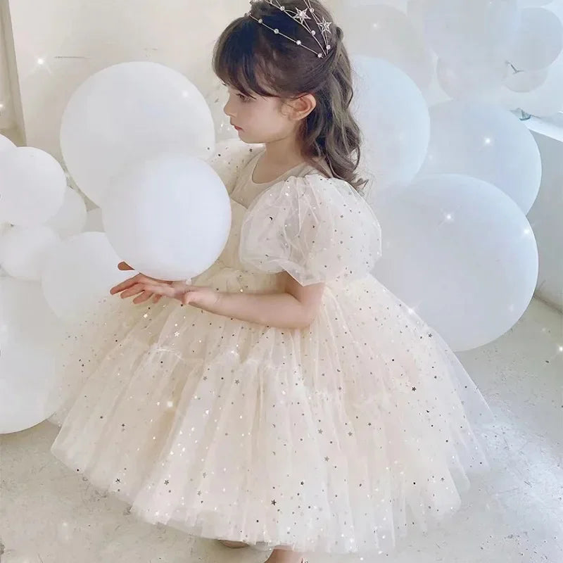 Baby Girl Dresses for 1 3 5Y Toddler Kids Wedding Party Princess Dress Puff Sleeve Sequins Lvory Vestidos Infant Baptism Clothes