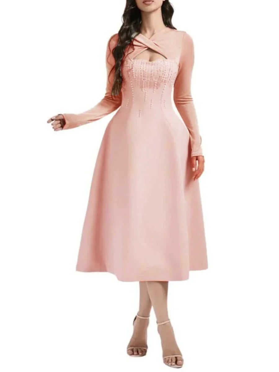 Solid Slimming Bead Elegant Dresses for Women Round Neck Long Sleeve Hollow Out Temperament Dress Female Clothing