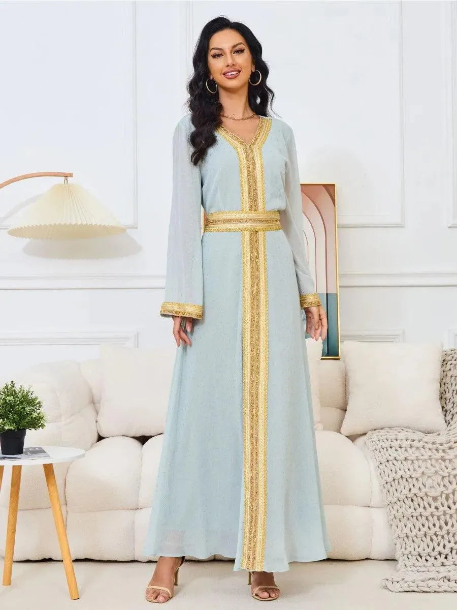 Fashion Dubai Solid Gold Stamping Diamonds Dress With Sashes Long Sleeve V-Neck Casual Abaya Moroccan African Clothing Light Blue Dress