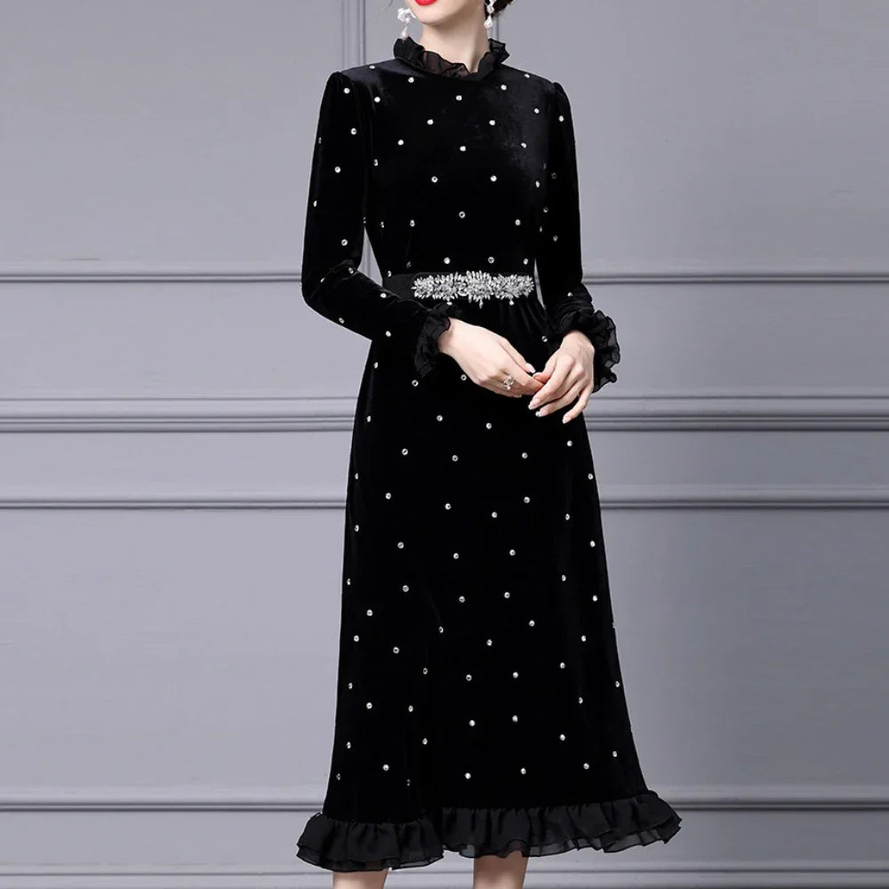 Solid Slimming Spliced Wave Point Elegant Dresses for Women Round Neck Long Sleeves Patchwork Bead Dress Female New