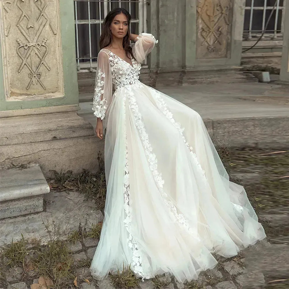 Graceful Princess Boho Wedding Dresses Appliques Lace Backless Beach Bride Dress Long Puff Sleeves Plus Size Bridal Gown Customize