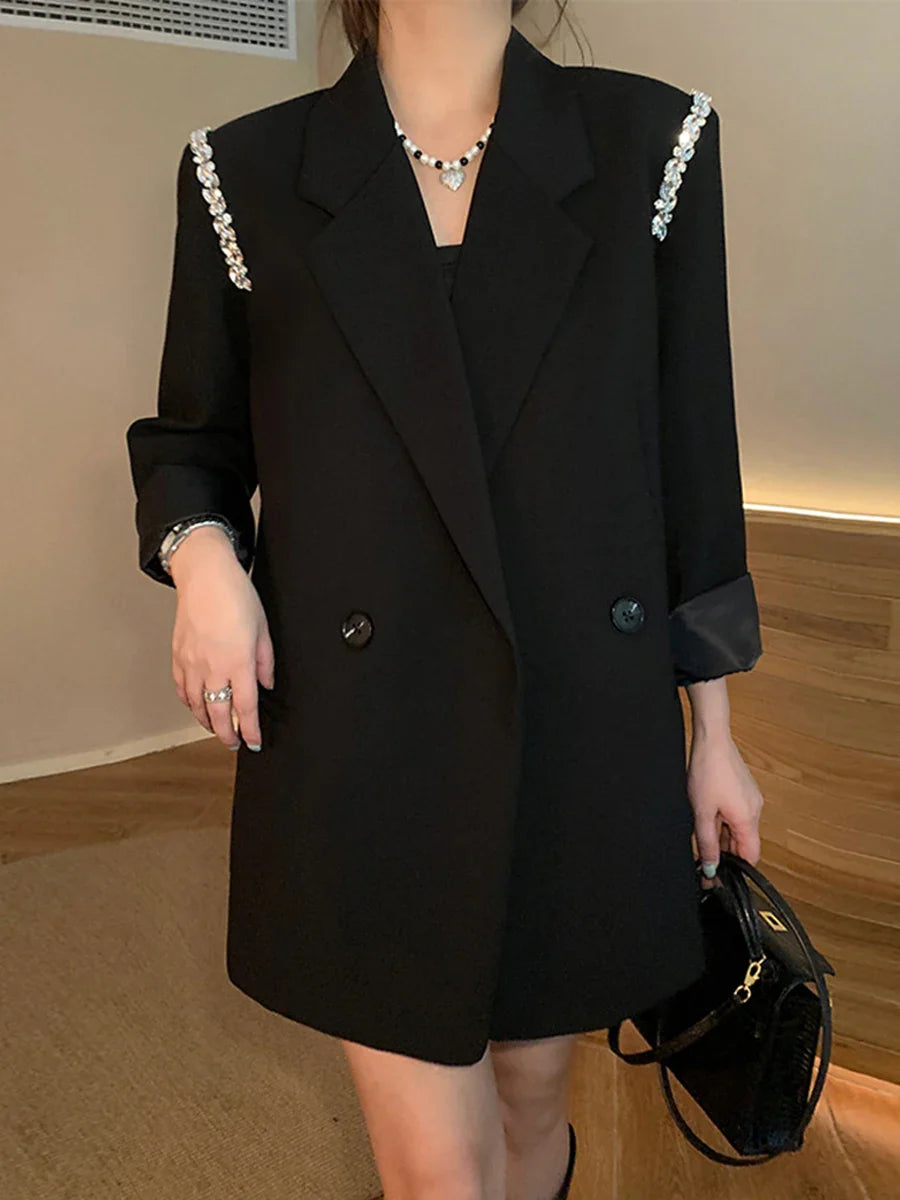 Solid Loose Spliced Button Casual Jackets for Women Lapel Long Sleeves Patchwork Bead Jacket Female Fashion Clothes