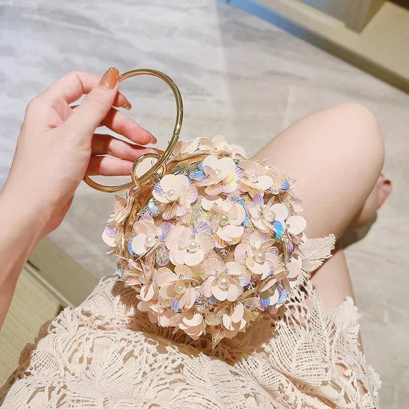 Mini Sequin Flower Evening Bag, Elegant Dinner Clutch Purse, Formal Round Banquet Handbag For Wedding Party Prom Pink