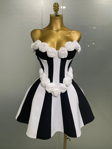 New Women Flower Decoration Strapless Black White Stripe Bandage Short Dress Cocktail Party Elegant Evening Club Party Dress