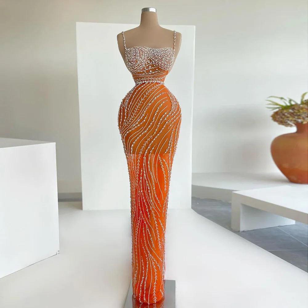 Robe de soirée de forme sirène, Orange, bretelles Spaghetti, luxe, cristal de dubaï, longue robe de bal pour femmes, fête de mariage 